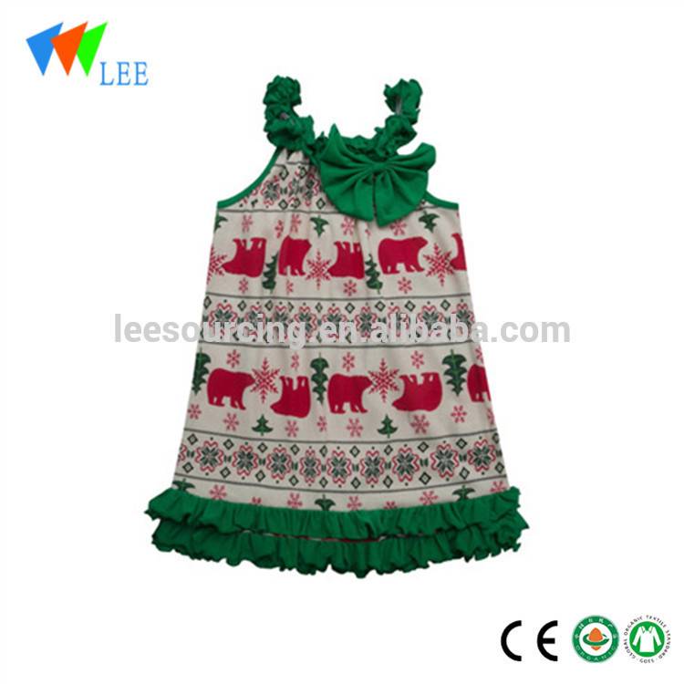 Kids X mas Cotton Full Printing Baby Girl Ruffle Dress With Bow Clothes