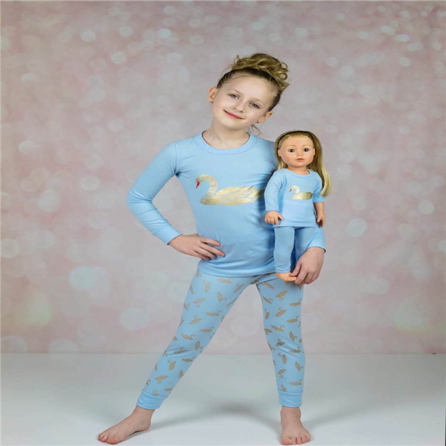 kids girl cotton pajamas set with swan printing matching 18 inch doll clothes set