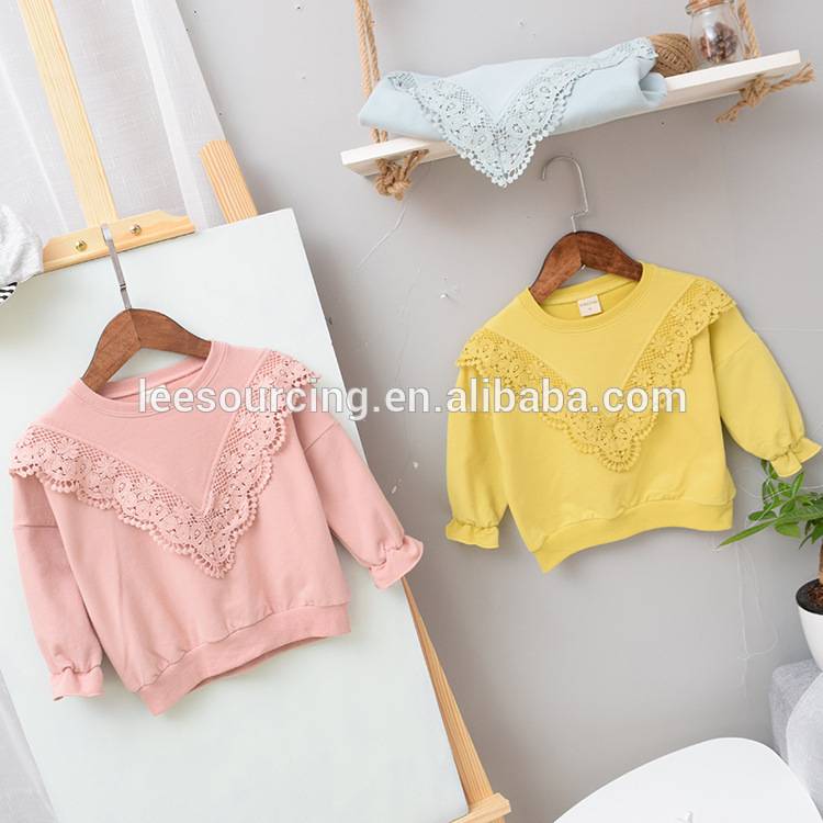 Sweet style solid color lace stitching wholesale baby girl sweatshirt