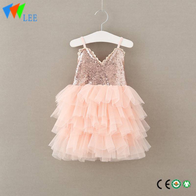 fashion100% cotton summer girls party dress V/neck sleeveless backless sequins