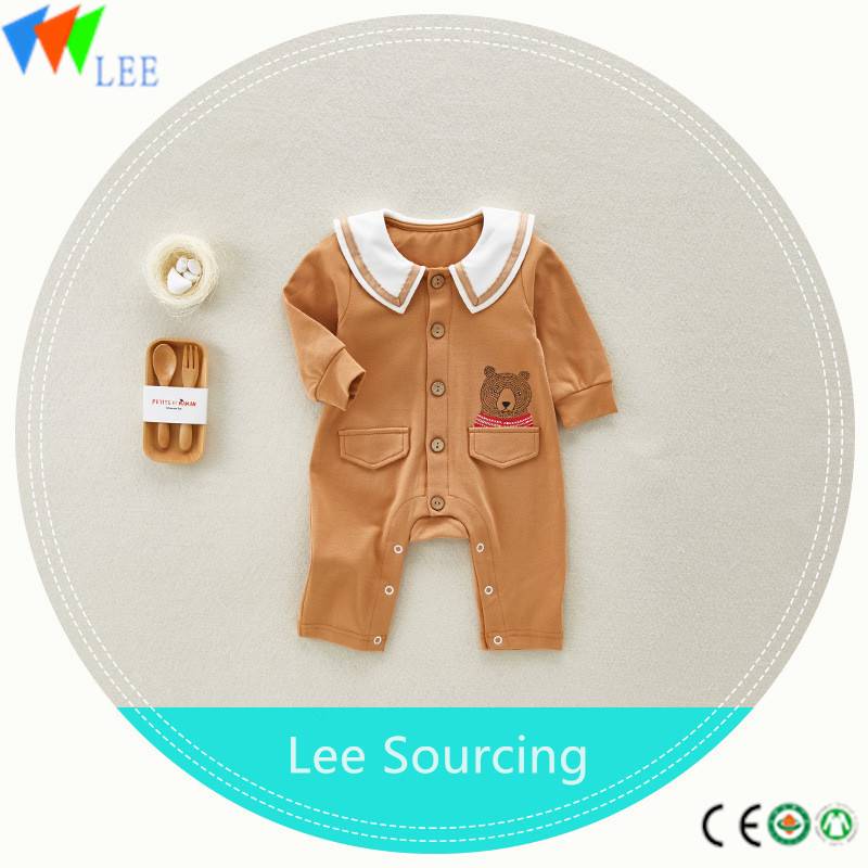 100% cotton O/neck baby long sleeve romper high quality embroidered bear with Doll brought