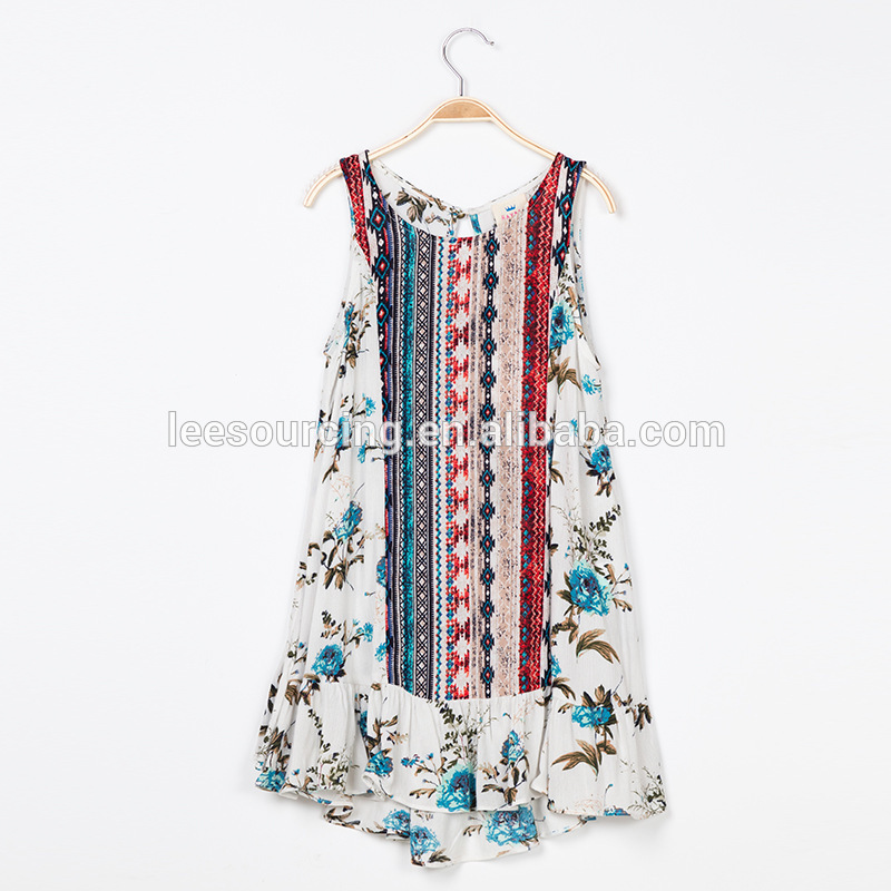 vestido floral da nena do verán plisado algodón tanque de nenos vestido de adolescente