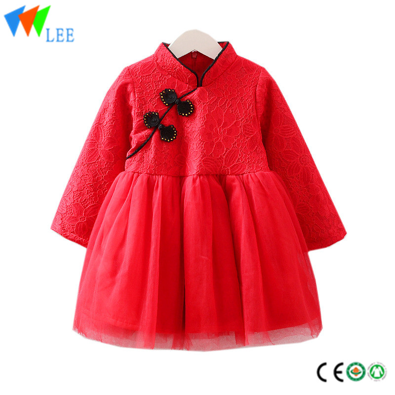 100% cotton China wind lace applique long sleeve one piece girls dress