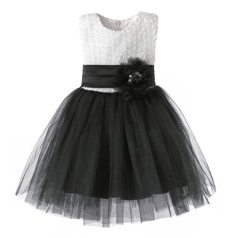 Children Black Floral Baby Frock Design Child Garment Kids Ruffled Chiffon Tutu Dress