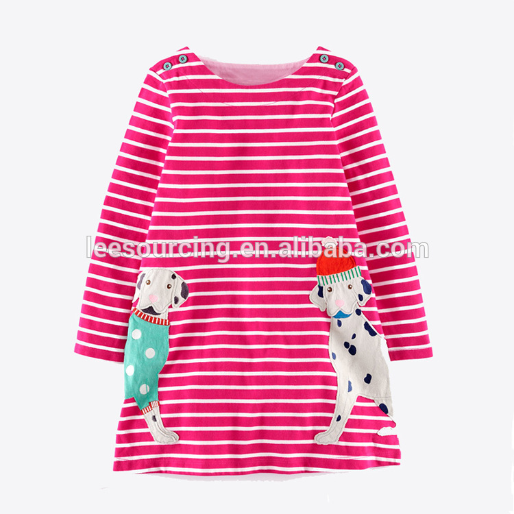 Siste barn kjole design stripe applikasjon langermet skjorte for jenter