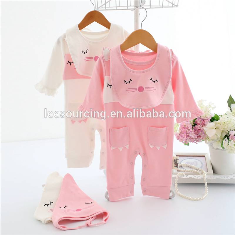 Wholesale 100% cotton pink baby girl 3 pieces bodysuit set newborn layette clothes