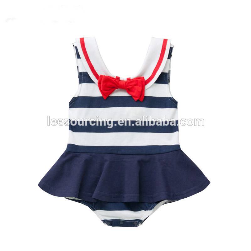 Summer baby striped bodysuit ruffle infant backless romper with bow