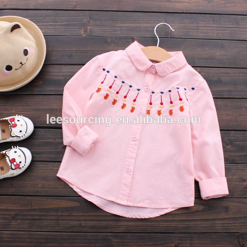 Wholesale solid color embroidery cotton girls shirt kids