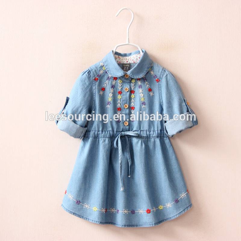 New fashion baby girl long sleeve long dress flower embroidery light blue girls dress shirt