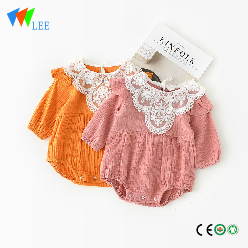 100% cotton O lace neck baby long sleeve romper high quality