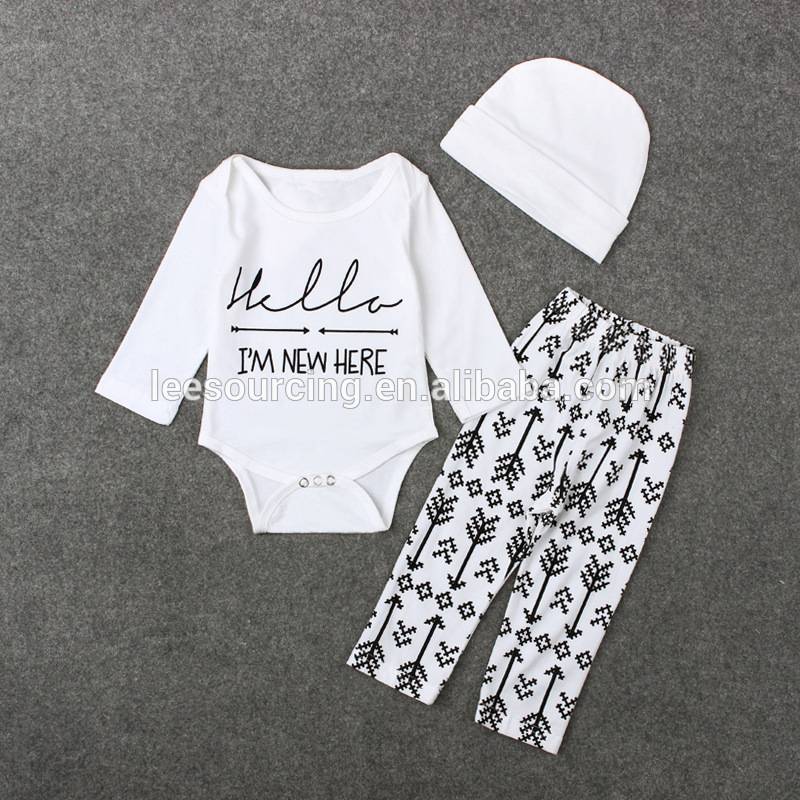 Hot sale letter baby romper outfit kids 3 pcs clothes set and pants with hat baby romper set