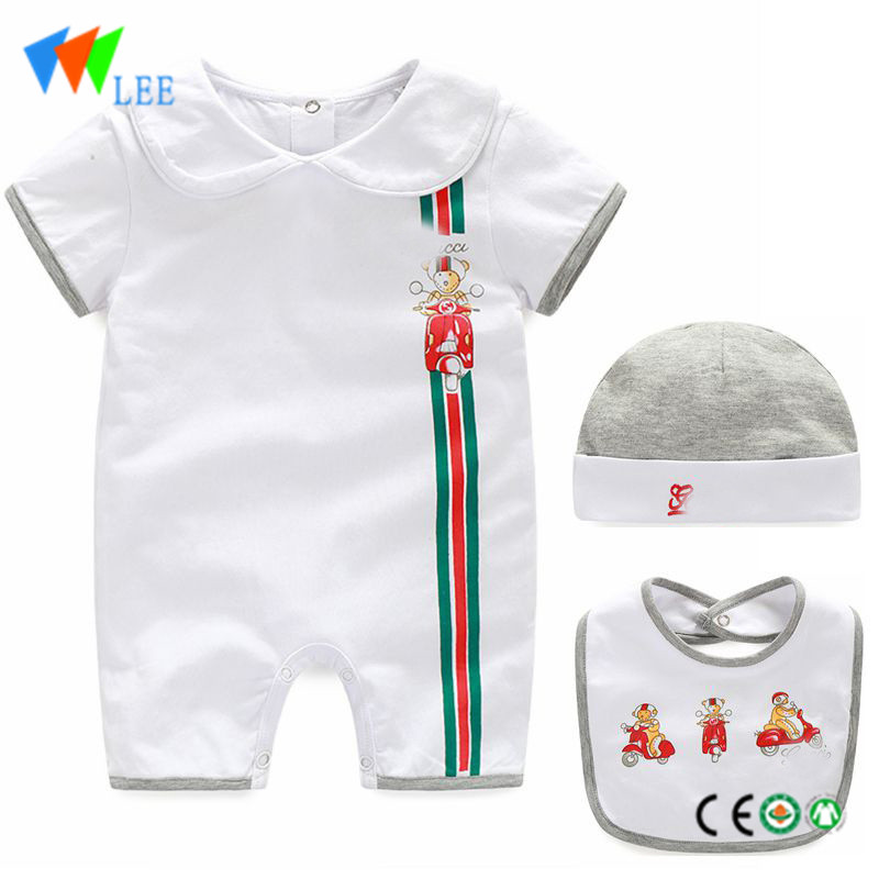 summer clothing white color infant short sleeve romper with bibs and hat