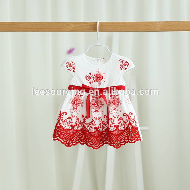 Wholesale short sleeve with belt cotton embroidery baby dress