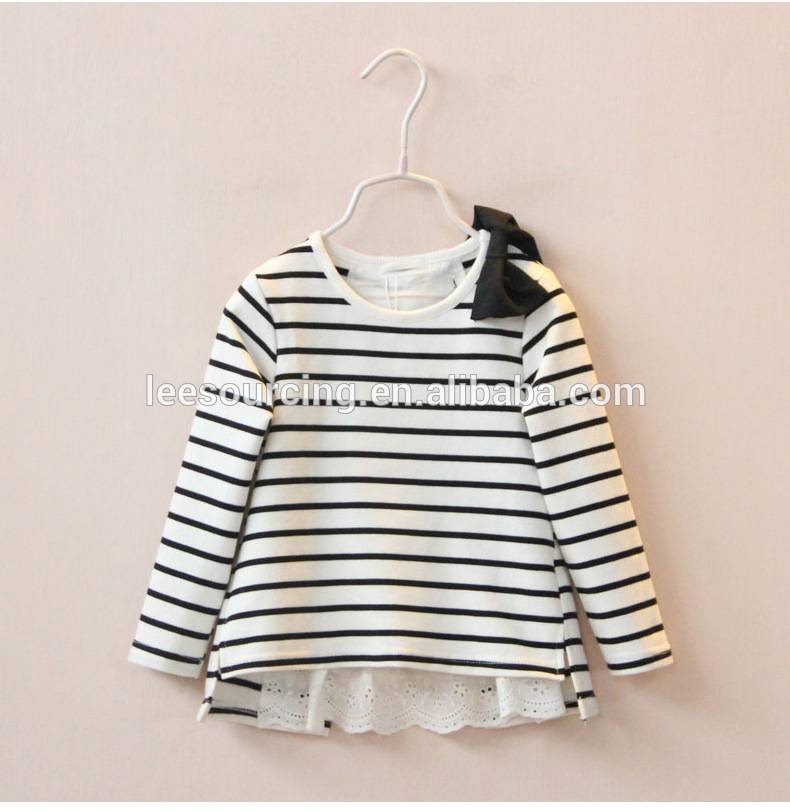 New Designs Cotton Long Sleeve Stripe Girls Shirts Lace-Crochet Swing Top for Girls