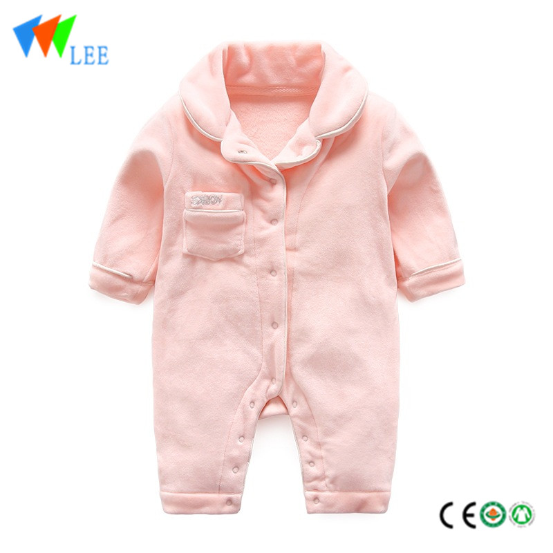 Winter oem baby coral wool with leads and pockets romper