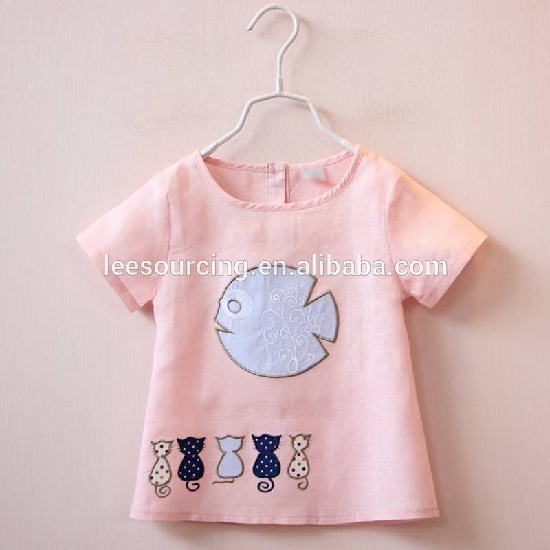 Nouveaux designs bébé fille coton poisson chat broderie T-shirt