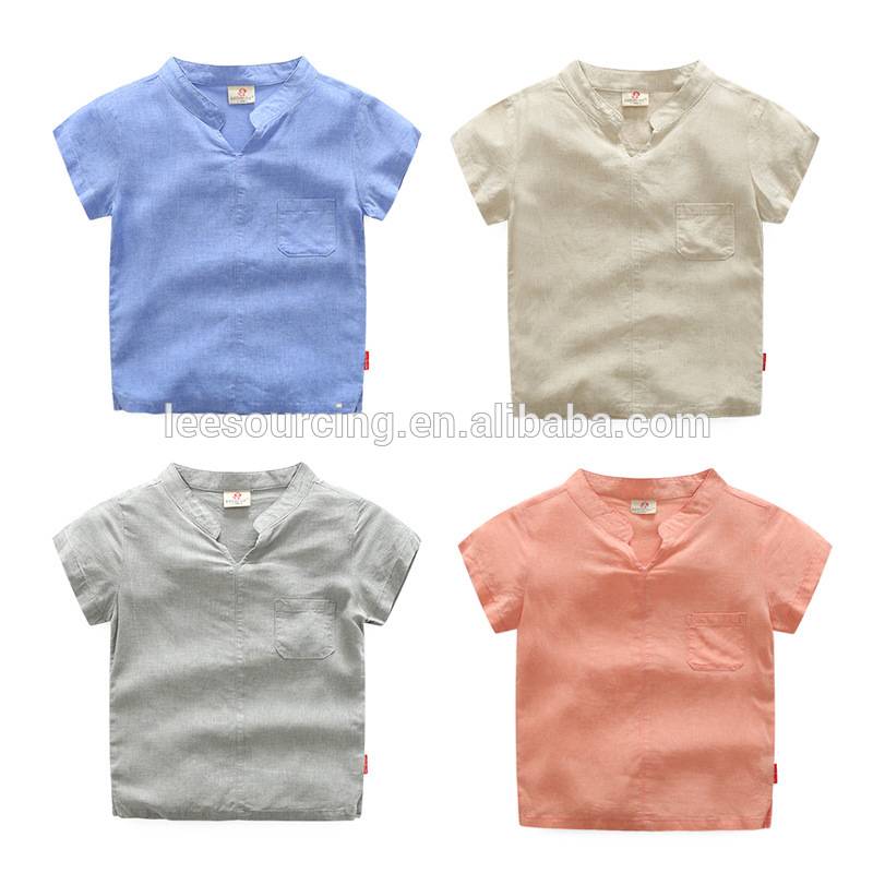 Wholesale summer cotton linen stand collar boys solid short sleeve shirt children clothes 2-7 years old
