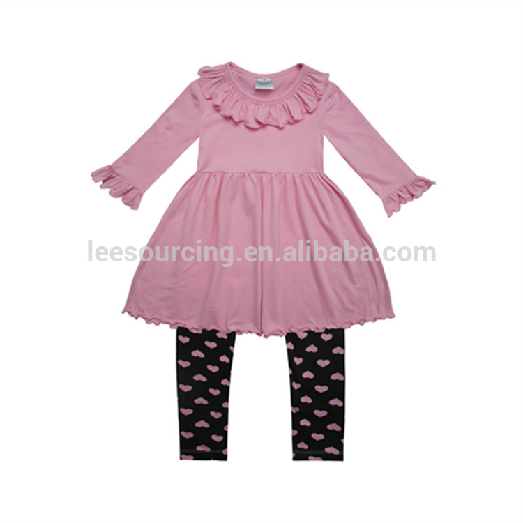 Fall boutique children clothing wholesale 2 pcs set ruffle girls tops raglan shirt with heart print kid leggings suit