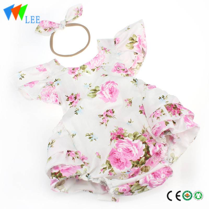 100% cotton summer baby romper with hair band flounce printed floral