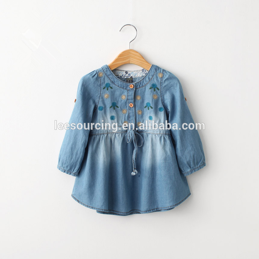 Latest design waist denim kids clothes long sleeve embroidery baby girl party dress