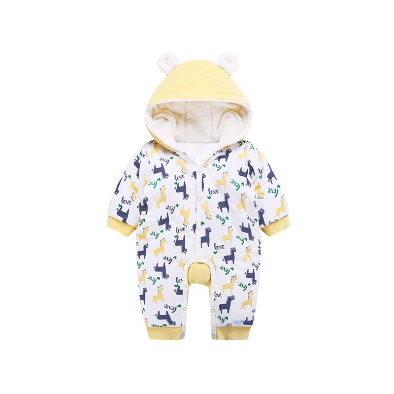 Partihandel European Style Winter baby Print Hooded Jumpsuit Soft Småbarn Romper