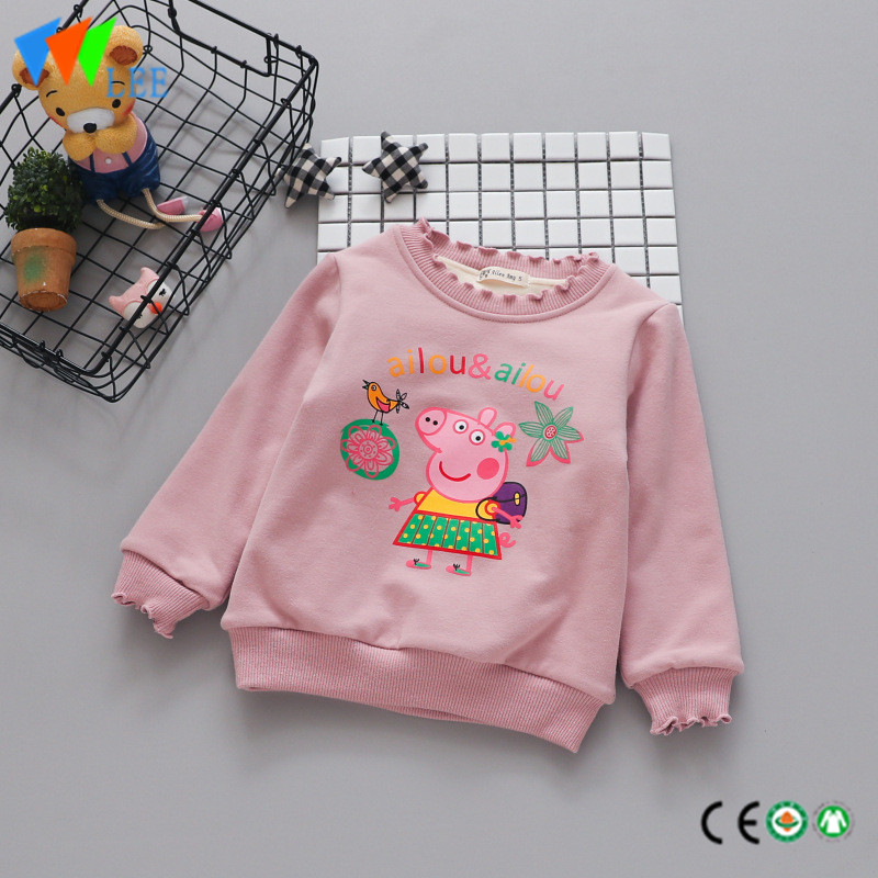 100% cotton kids long sleeve t shirt fleece round collar print with lace