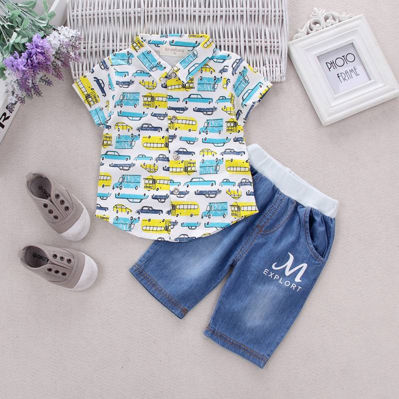 impresión de camiseta ocasional do bebé neno e pantalóns de brim calzas curtas nenos conxuntos de roupa