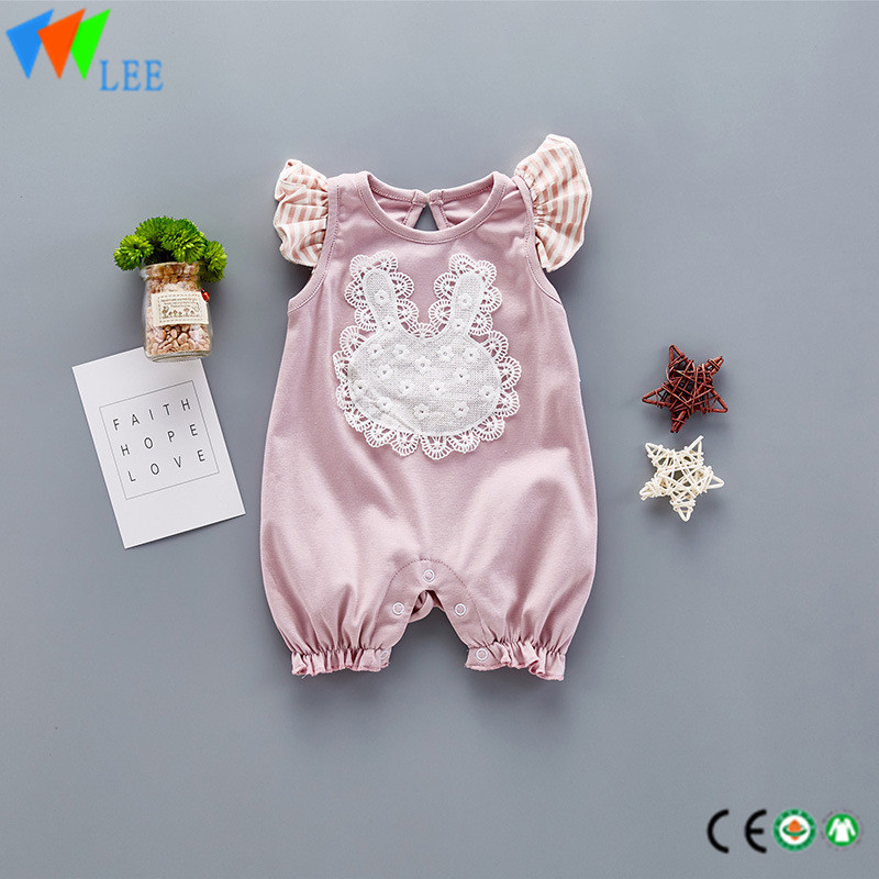 100% cotton O/neck baby sleeveless romper high quality applique lace rabbit
