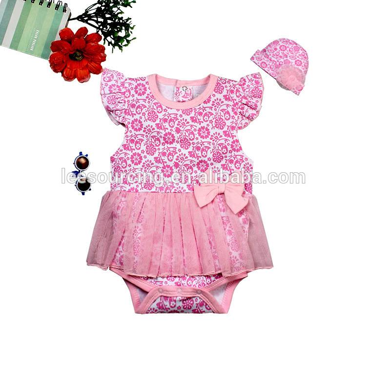 Floral printing baby girl tulle dress 2- pieces bodysuit with beanie hat