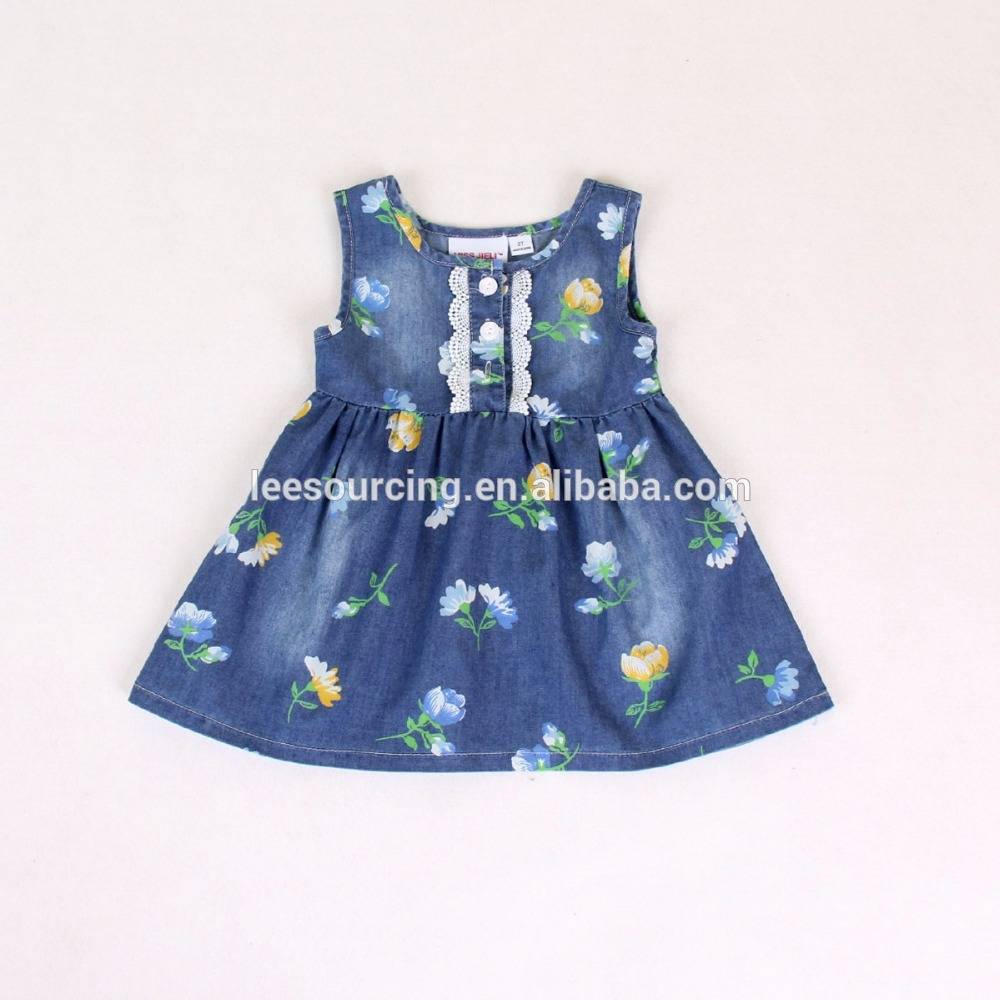 Beautiful sleeveless custom printing baby girl denim one piece dress