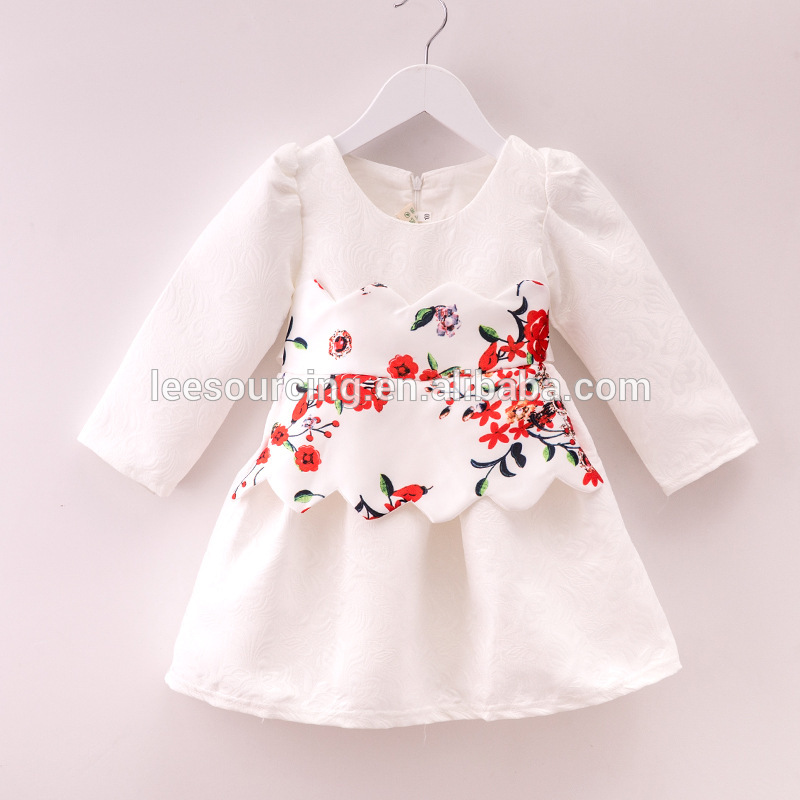 Търговия на едро бели дълги ръкави децата се обличат момиченце жакард рокля дизайн за пролетта