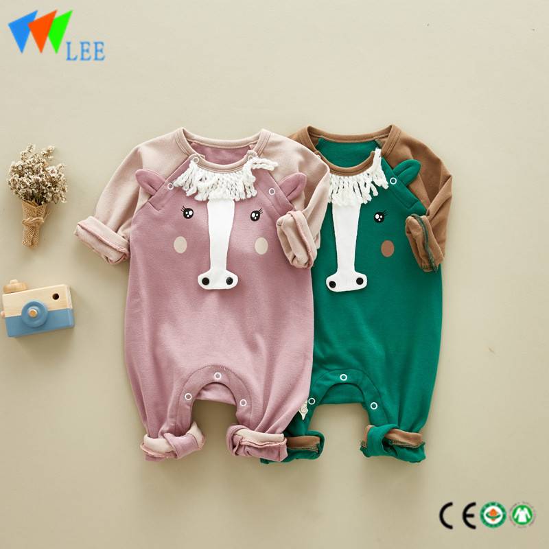 100% cotton O/neck baby long sleeve romper high quality applique horse
