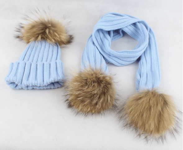 children's raccoon hair line hat rolled in striped knit warm hat scarf set
