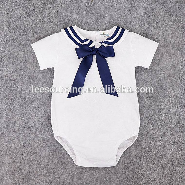 New navy style short sleeve cotton baby bodysuit white