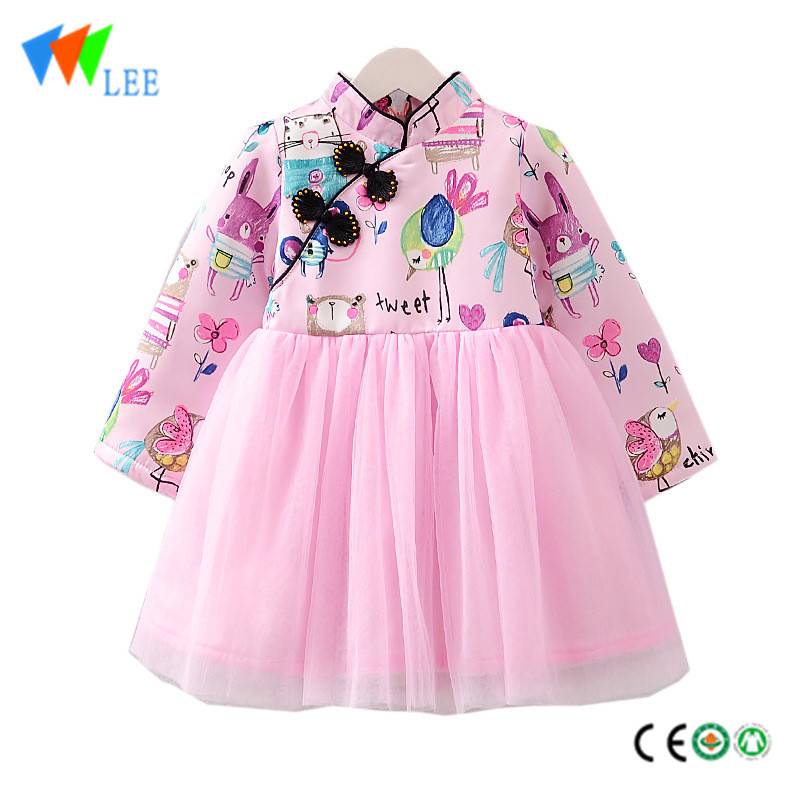 100% algodón China vento rendas de manga longa bebé encantador vestido nenas