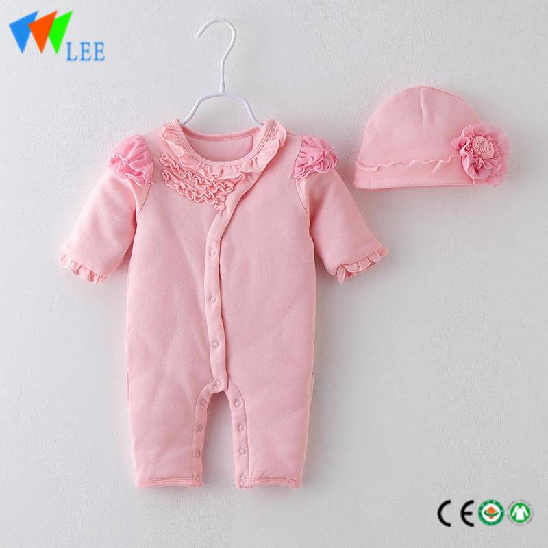 100% cotton soft baby romper long sleeve lace with hat Two-piece set