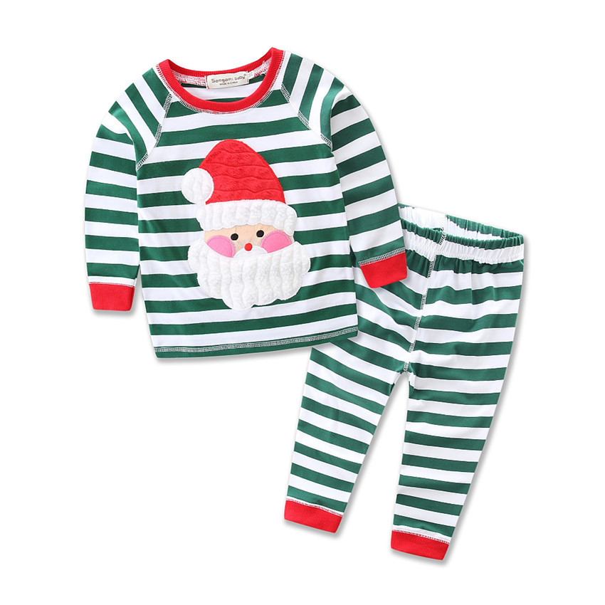 High Quality kids vintage christmas pajamas clothes Green White Stripe Outfit For Baby