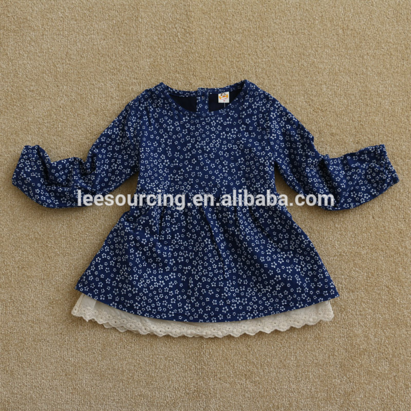 Spring Flower Printing Lace Empire-Waist Ruffle Children Girls Dress