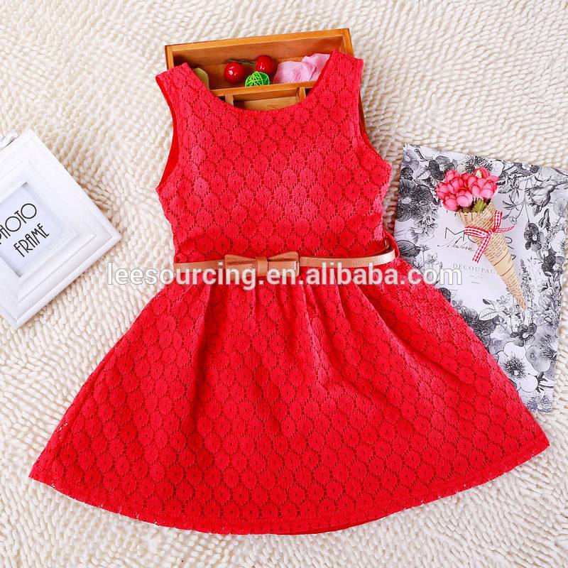 Wholesale bow knot belt red baby girls lace dress