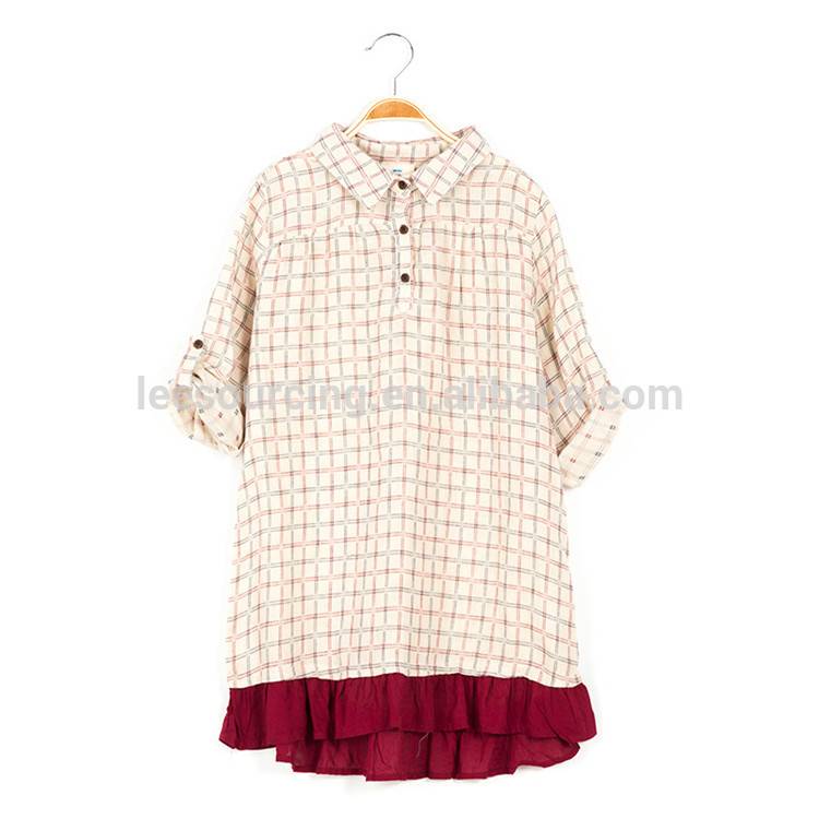 Girls summer long sleeve plaid shirtdress children ruffle checked cotton shirt dress