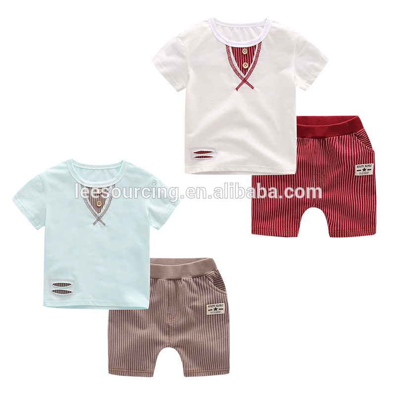 Exporting US cute baby boy clothes set cartoon t shirt and stripe shorts set for kids wholesale