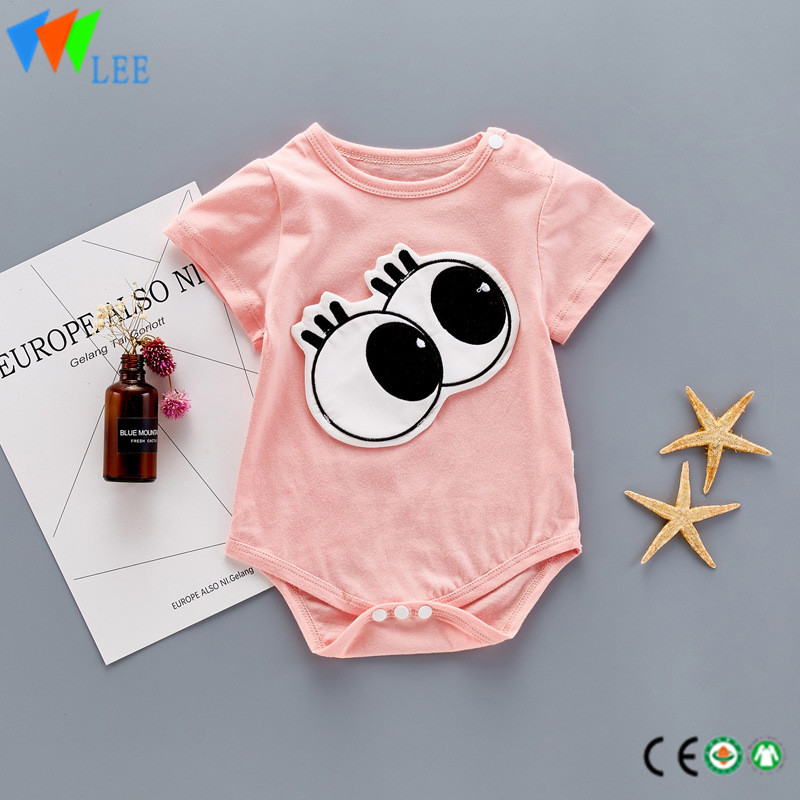 100% cotton O/neck baby short sleeve romper high quality applique eyes