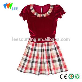 Fashion Korean style o-neck velvet plaid ruffle short sleeve one piece princess kids dresses for girls