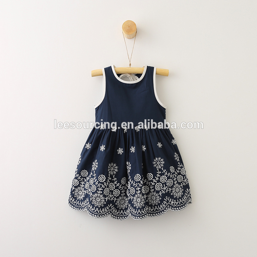 Hot sale navy blue embroidery no sleeve cotton baby girls dress