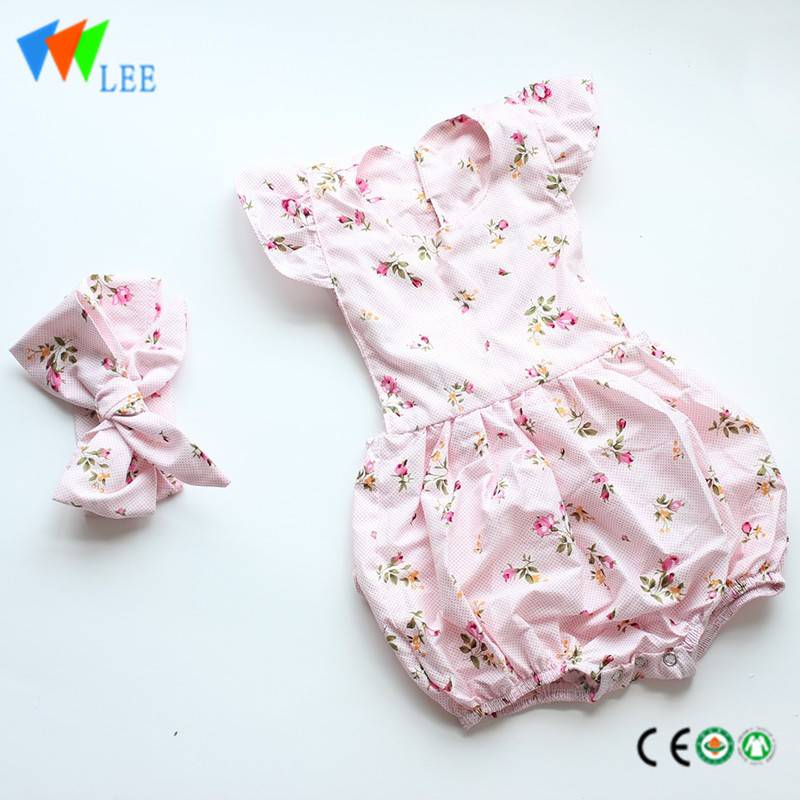 new 100% cotton summer baby romper with hair band flounce printed floral