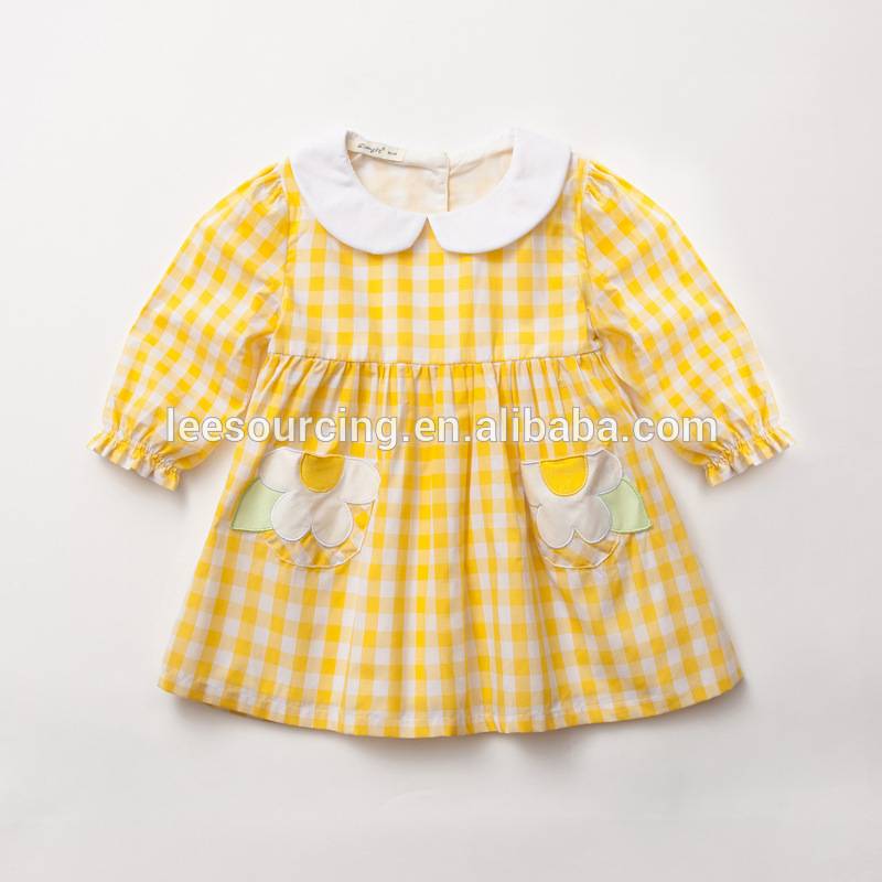 Beautiful yellow baby girl collared cotton plaid casual fit and flare dress