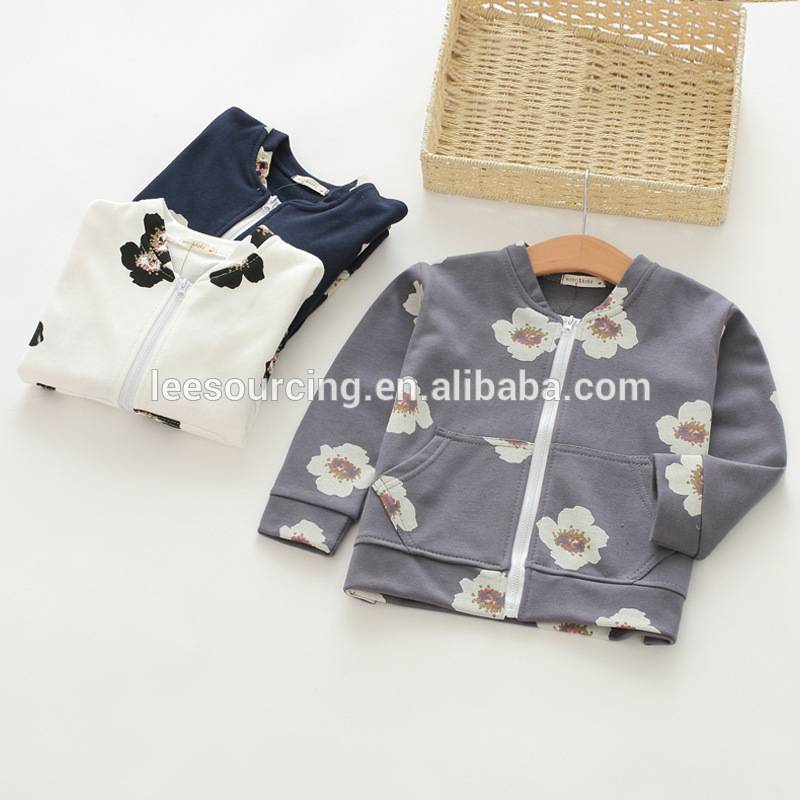 Casual style flower printing zipper cotton girls jacket