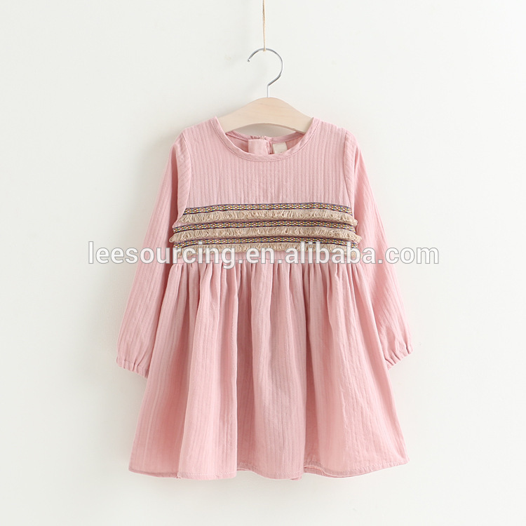 Spring style long sleeve pure color girls one piece dress simple