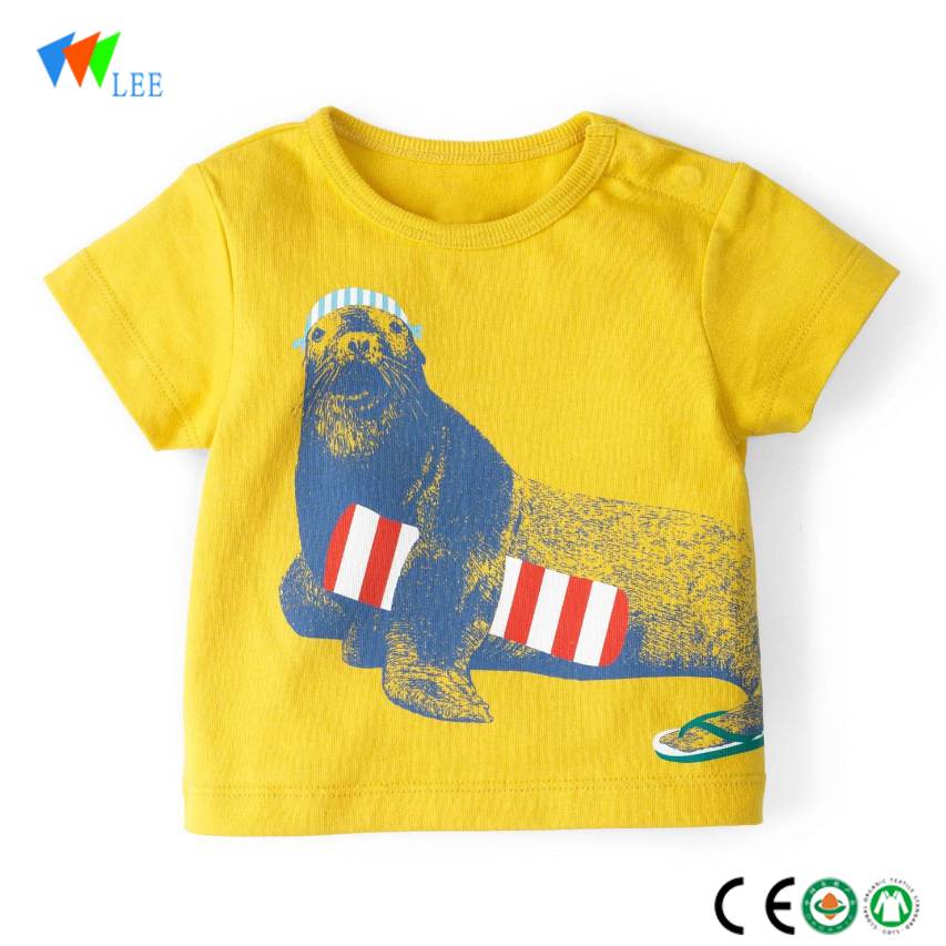 Нов дизайн жълти деца врата тениска с къс ръкав органичен памук бебе тениска