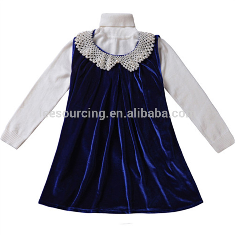 Factory Wholesale Fashion Child Clothing Rhinestone White and Blue Baby Girls Party Dresses Fancy Kids Dress